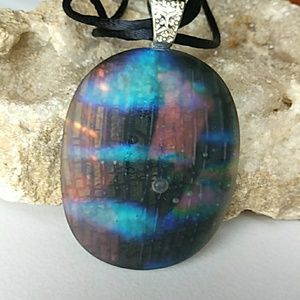 Large etched fused dichroic glass pendant.